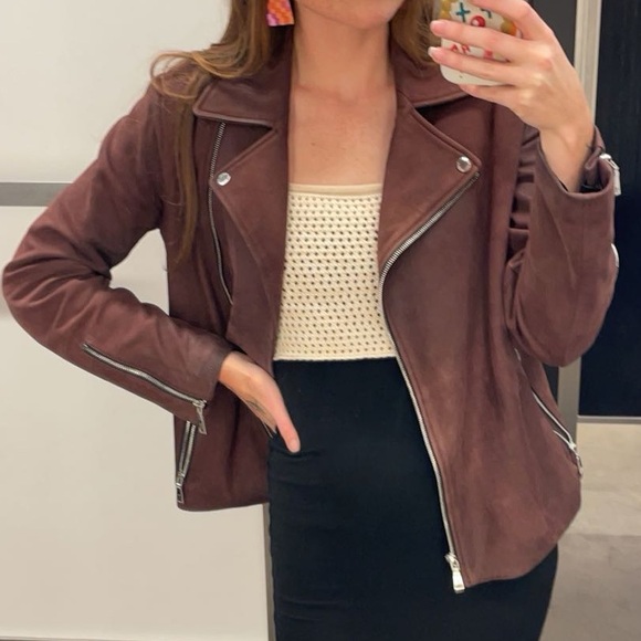 Tahari Maroon Suede Leather Moto Jacket - Picture 2 of 16
